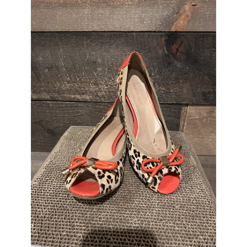 Sole Society Ladies Orange & Leopard Print Peep Toe Flats Bow Accent Size 7B